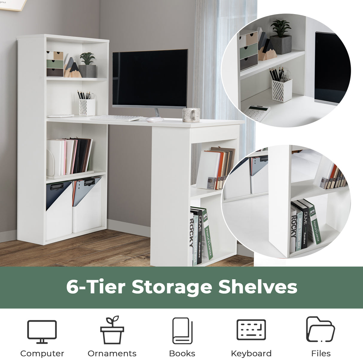 Computer Desk Writing Workstation Office with 6-Tier Storage Shelves