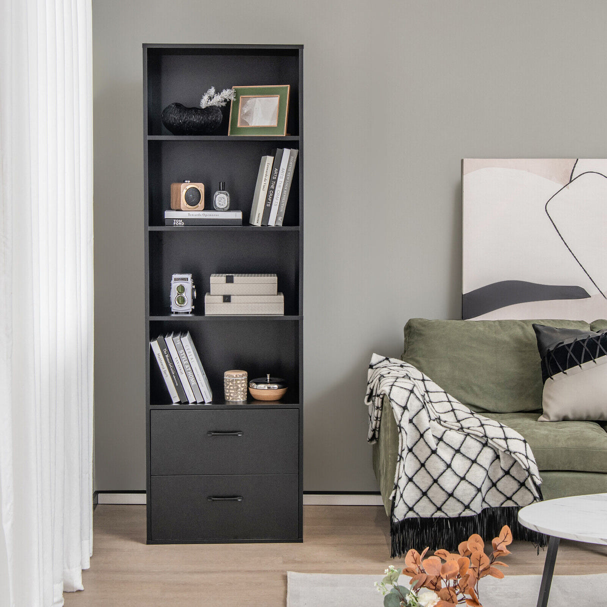 6-Tier Tall Freestanding Bookshelf with 4 Open Shelves and 2 Drawers