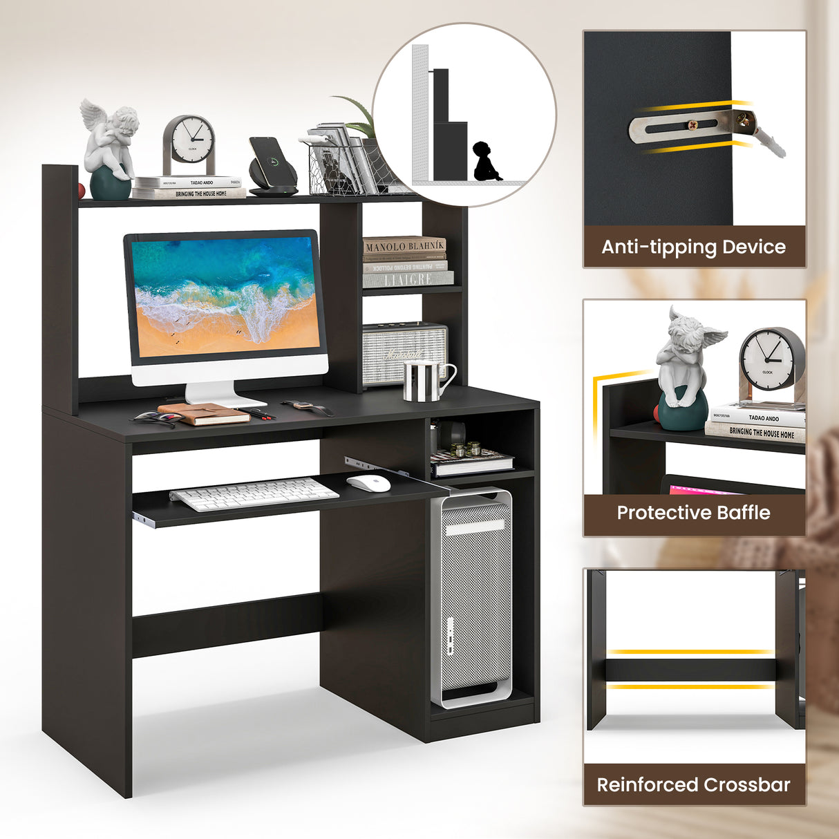 Home Office Computer Desk with Bookcase Keyboard Tray and CPU Stand