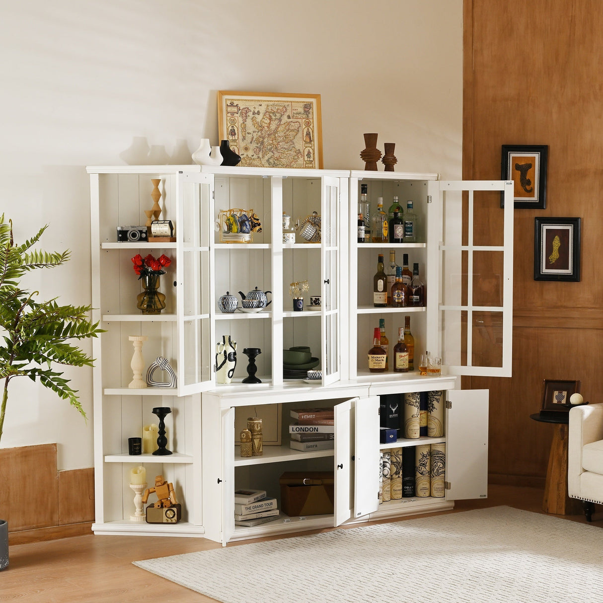 Retro Style Wall Suit with Glass Doors, 75.25'' Tall Display Cabinets & Triangle Sided Bookshelves, White