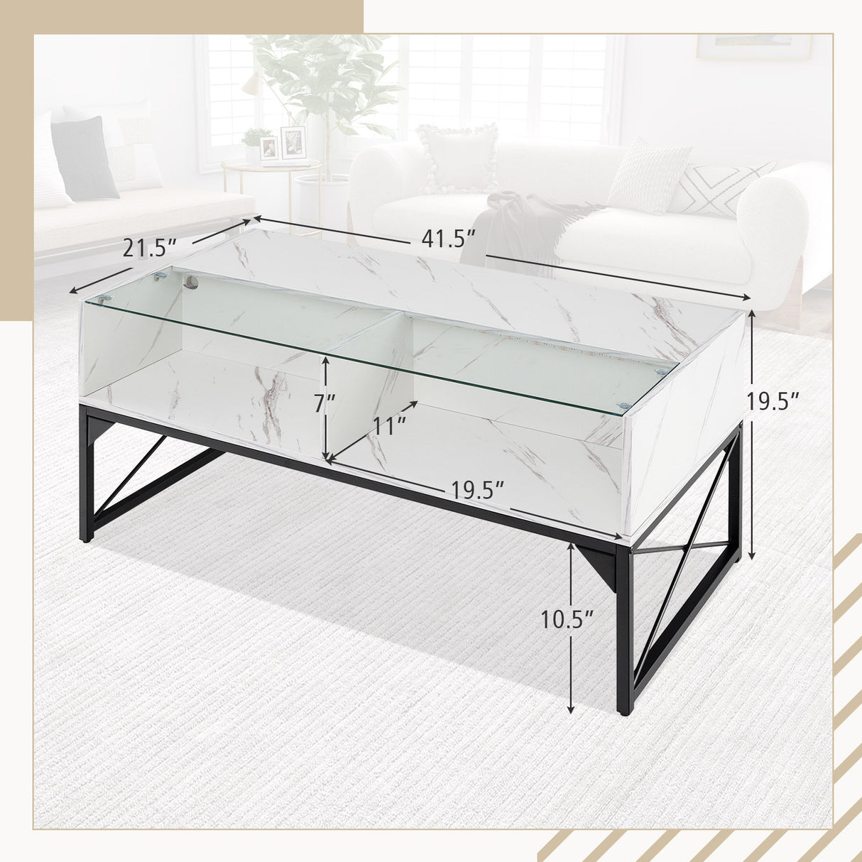 Center Table with Faux Marble and Tempered Glass Top