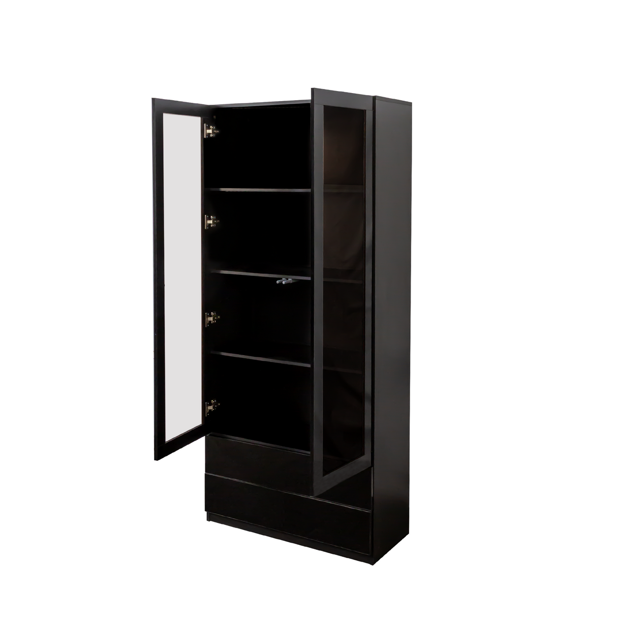 Display Cabinet with Glass Doors, Curio Storage Cabinet with 2-Drawer, Bookcase with LED Lights, Black