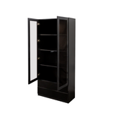 Display Cabinet with Glass Doors, Curio Storage Cabinet with 2-Drawer, Bookcase with LED Lights, Black