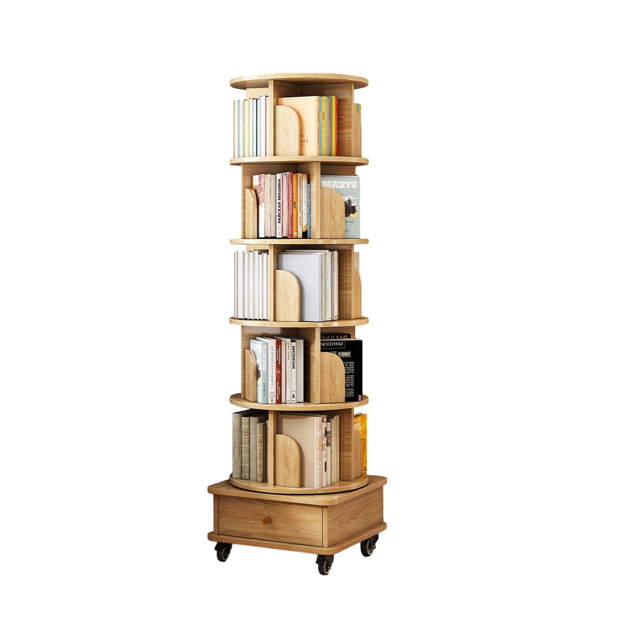 6 Tier Rotating Bookshelf, 360° Display Round Spinning Bookshelf with Wheels and Drawer, Space-Saving, Small Space Rotating Bookshelf Tower for Bedroom, Living Room, Home, Office, Wood Color