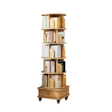 6 Tier Rotating Bookshelf, 360° Display Round Spinning Bookshelf with Wheels and Drawer, Space-Saving, Small Space Rotating Bookshelf Tower for Bedroom, Living Room, Home, Office, Wood Color