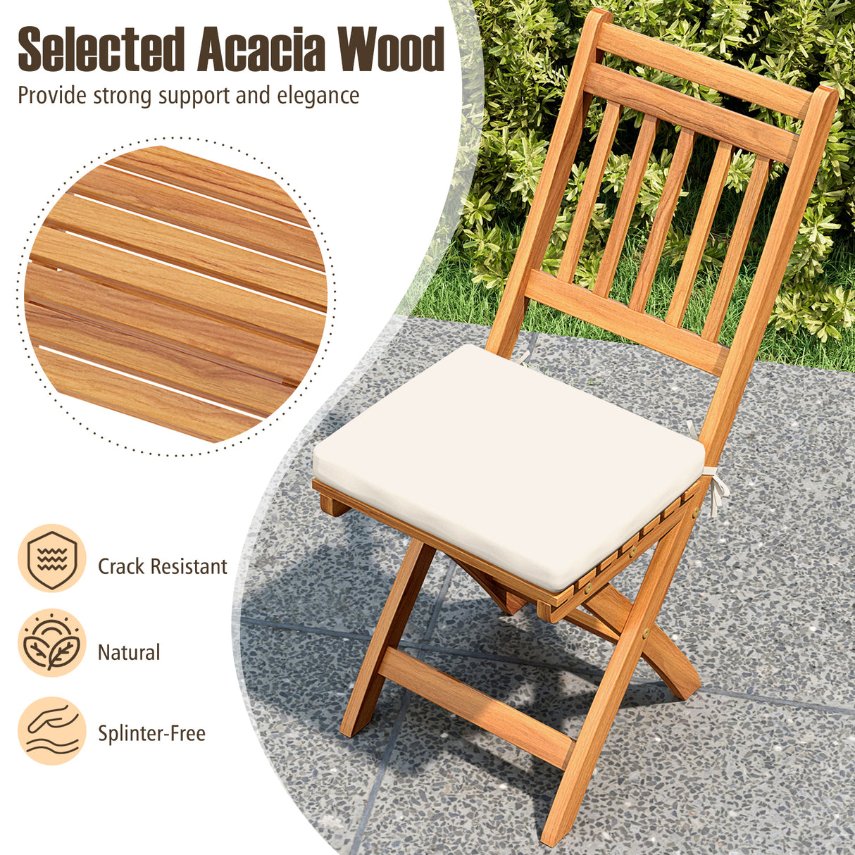 Patio Folding Chairs Set of 2 with Soft Seat Cushion