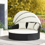 Clamshell Patio Round Daybed Wicker with Retractable Canopy and Pillows