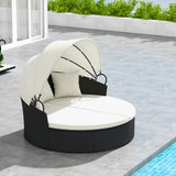 Clamshell Patio Round Daybed Wicker with Retractable Canopy and Pillows