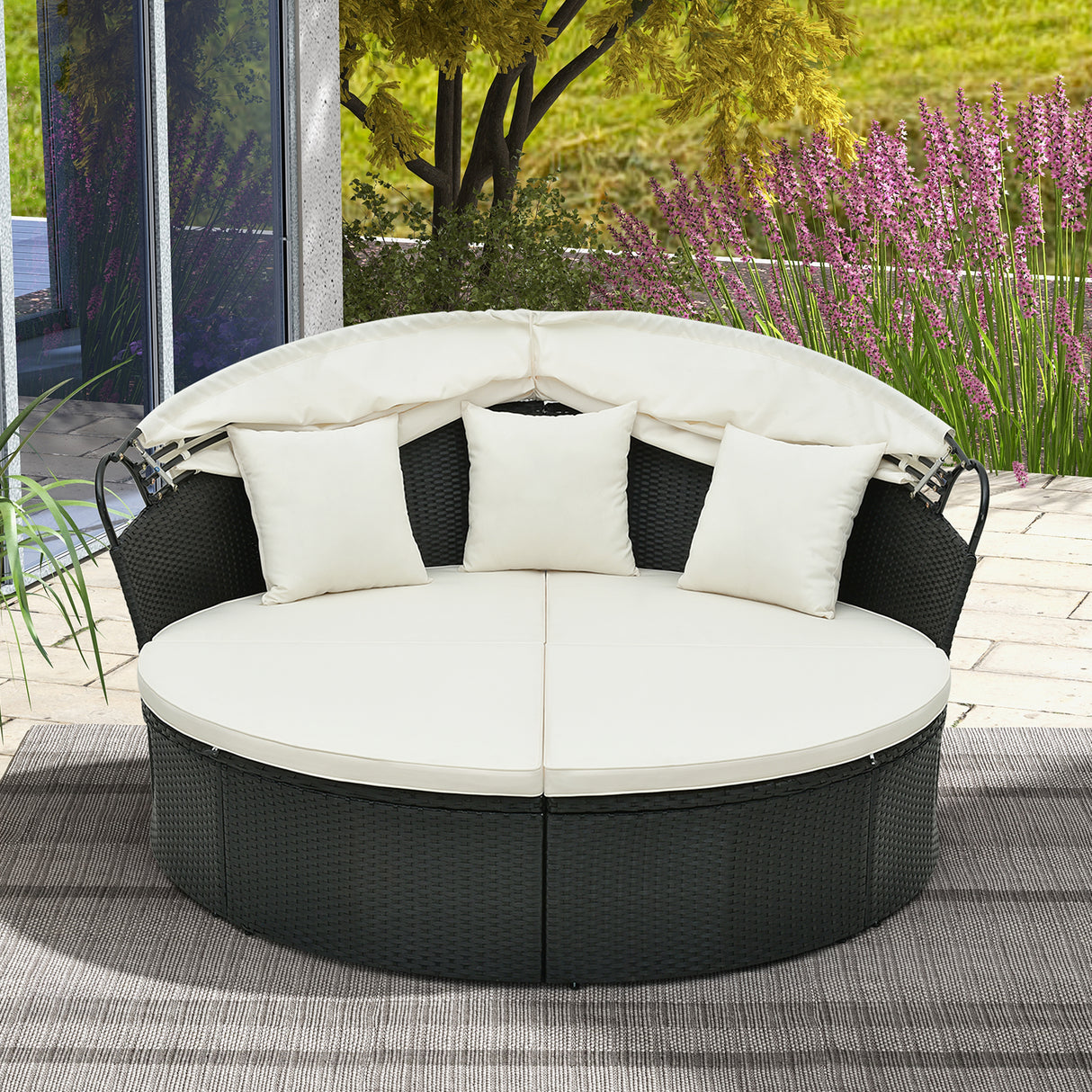 Clamshell Patio Round Daybed Wicker with Retractable Canopy and Pillows
