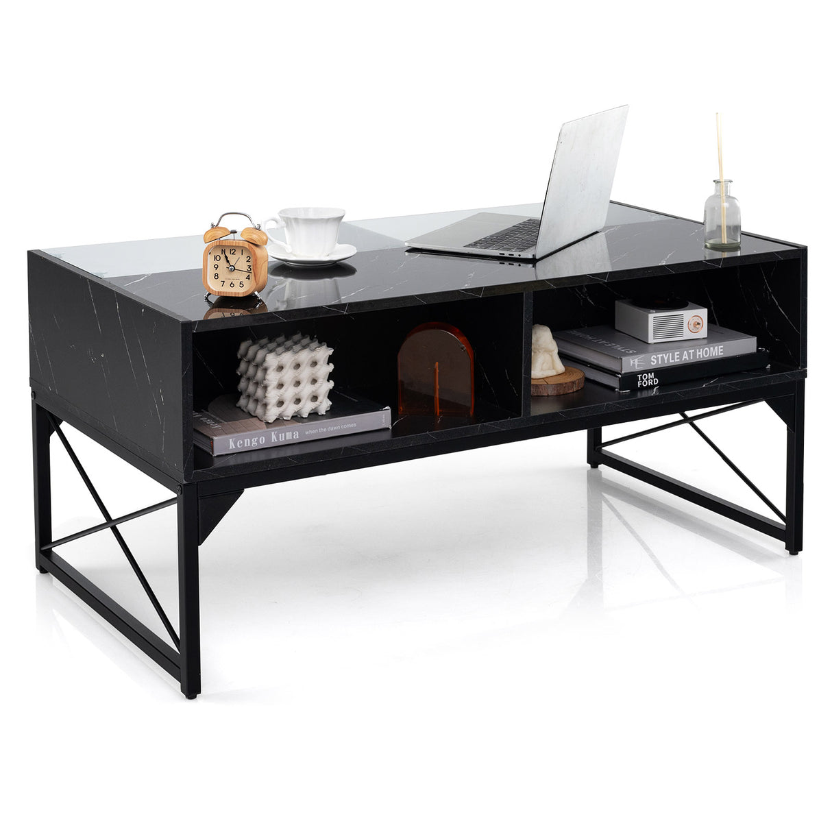 Center Table with Faux Marble and Tempered Glass Top