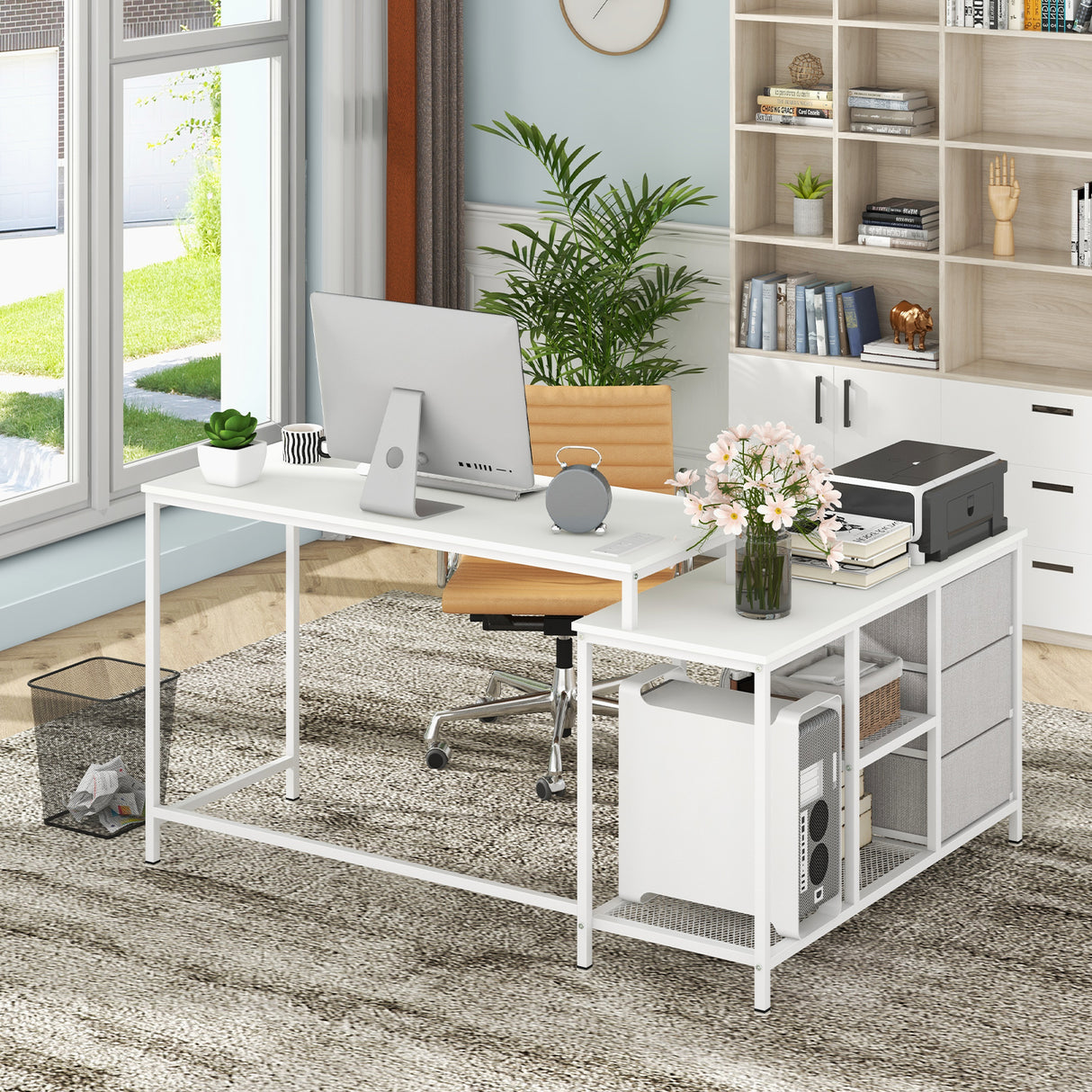 L-shaped Computer Desk with Power Outlet for Working Studying Gaming
