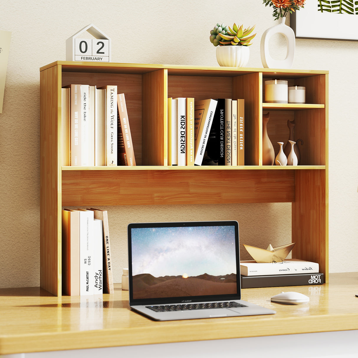 Computer Desktop Bookcase with 4 Cubbies and Open Back Compartment