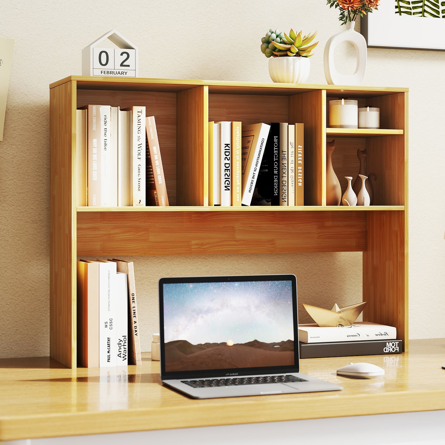Computer Desktop Bookcase with 4 Cubbies and Open Back Compartment