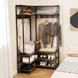 Corner Garment Rack with Open Shelves and 7 Hooks Shoe Bench