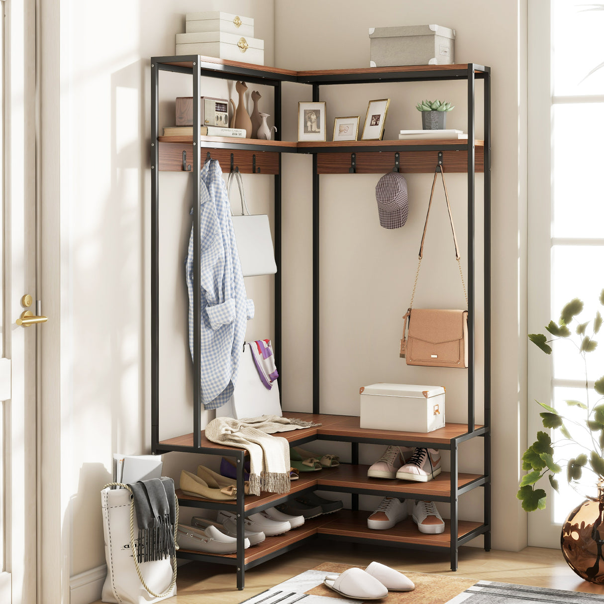 Corner Garment Rack with Open Shelves and 7 Hooks Shoe Bench