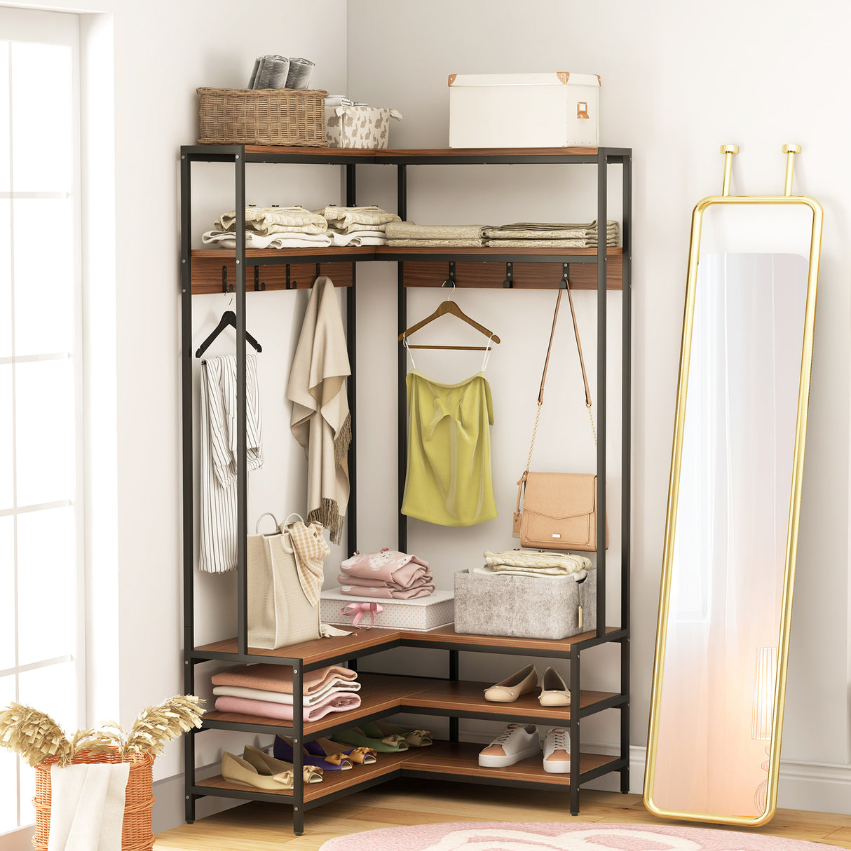 Corner Garment Rack with Open Shelves and 7 Hooks Shoe Bench