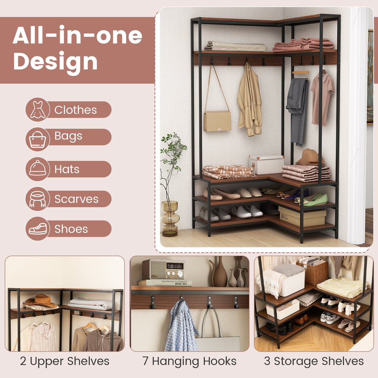 Corner Garment Rack with Open Shelves and 7 Hooks Shoe Bench