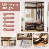 Corner Garment Rack with Open Shelves and 7 Hooks Shoe Bench