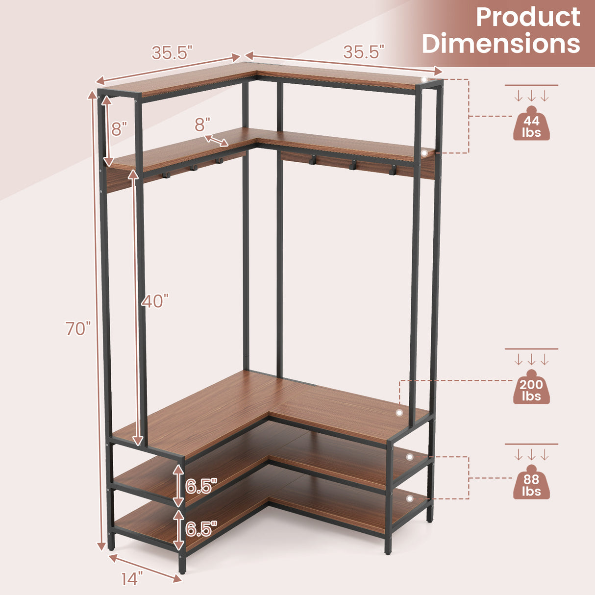 Corner Garment Rack with Open Shelves and 7 Hooks Shoe Bench