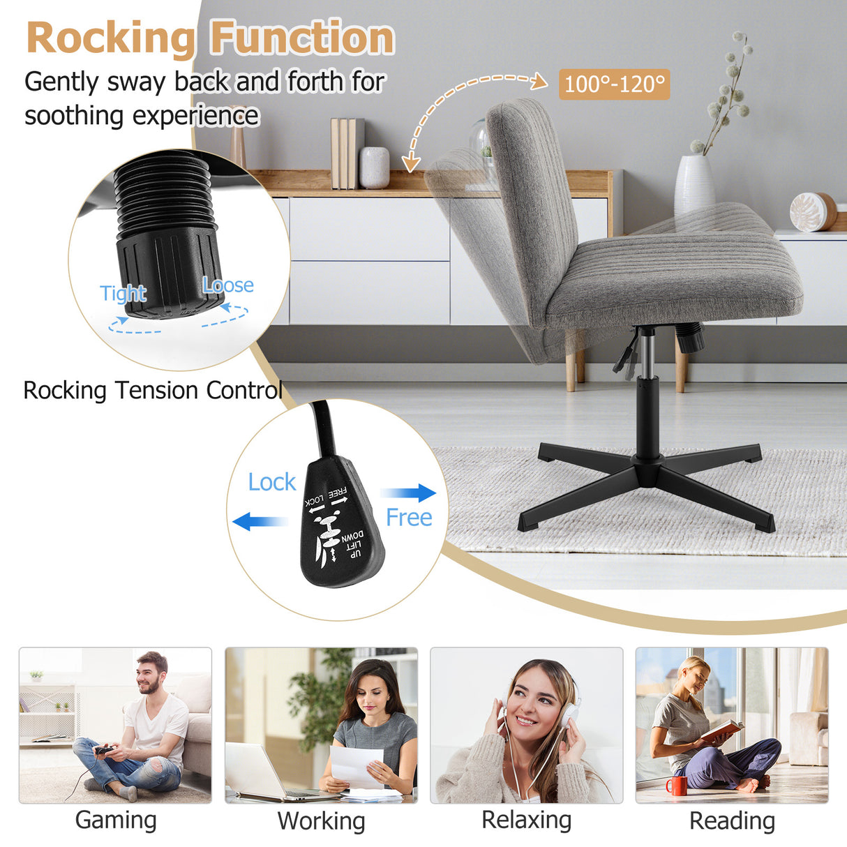Criss Cross Legged Chair No Wheels 120° Rocking Adjustable Height