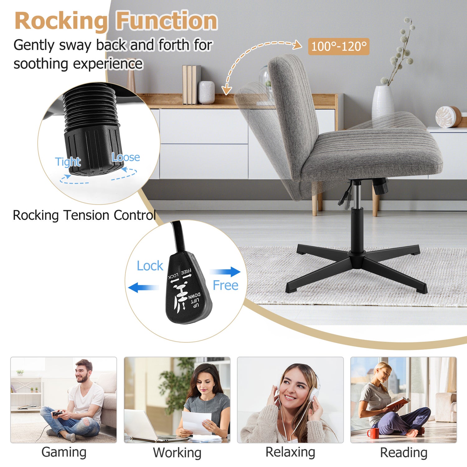 Criss Cross Legged Chair No Wheels 120° Rocking Adjustable Height