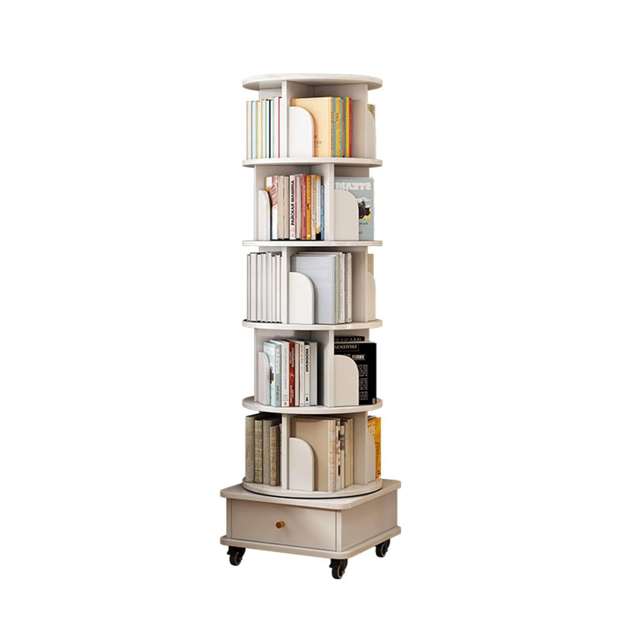 6 Tier Rotating Bookshelf with Wheels and Drawer, 360° Spinning Design, Space Saving Storage, for Home and Office, White MDF