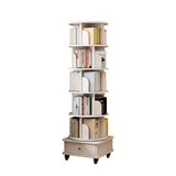 6 Tier Rotating Bookshelf with Wheels and Drawer, 360° Spinning Design, Space Saving Storage, for Home and Office, White MDF
