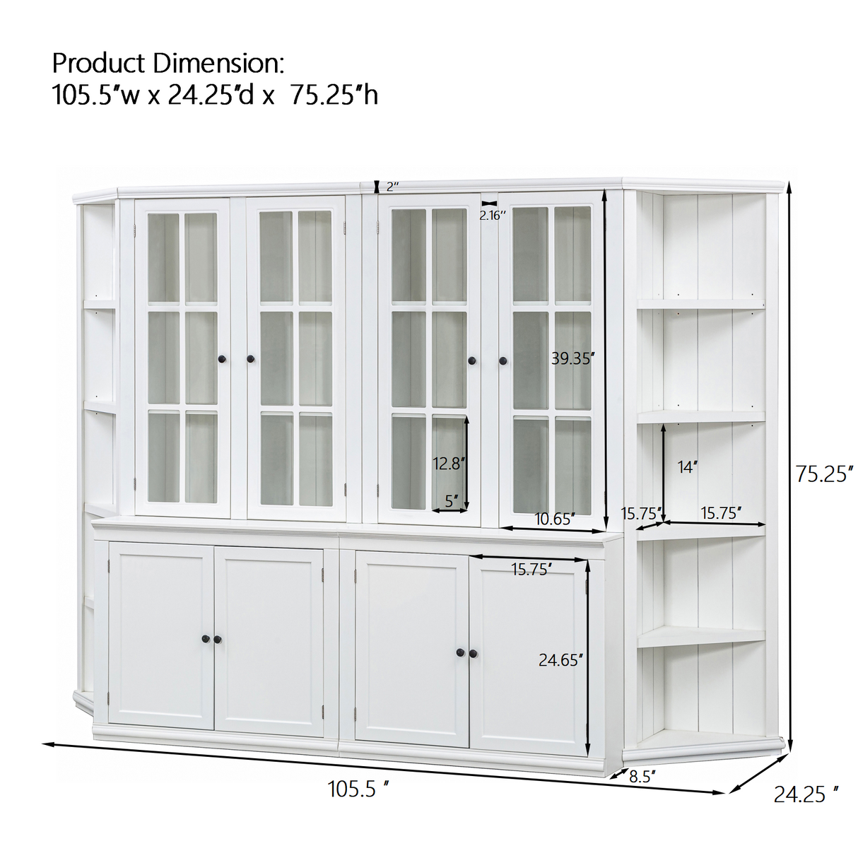 2x 75.25'' Tall Display Cabinets and Two Triangle Sided Bookshelves, 105.5'' Wide Retro Style Wall Suit with Glass Doors, for Hallways, Living room, Office, Studio or Workspace - White