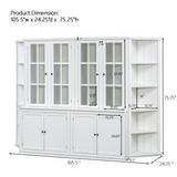 2x 75.25'' Tall Display Cabinets and Two Triangle Sided Bookshelves, 105.5'' Wide Retro Style Wall Suit with Glass Doors, for Hallways, Living room, Office, Studio or Workspace - White