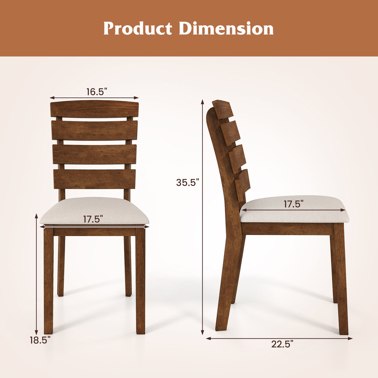 Dining Chair Set of 2 with Slatted High Backrest and Rubber Wood Legs-Brown