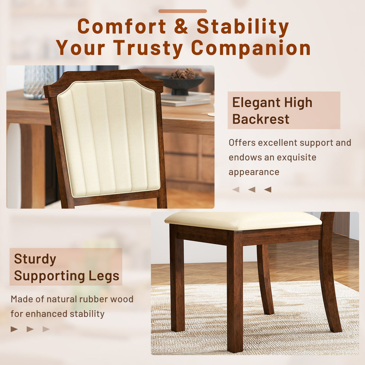 Dining Chair Set of 2 with PU Leather and Rubber Wood Frame-Brown
