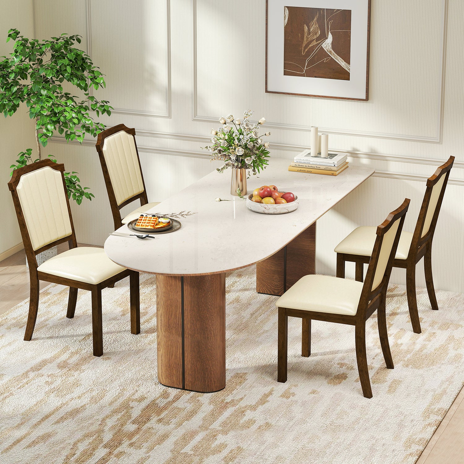 Dining Chair Set of 2 with PU Leather and Rubber Wood Frame-Brown