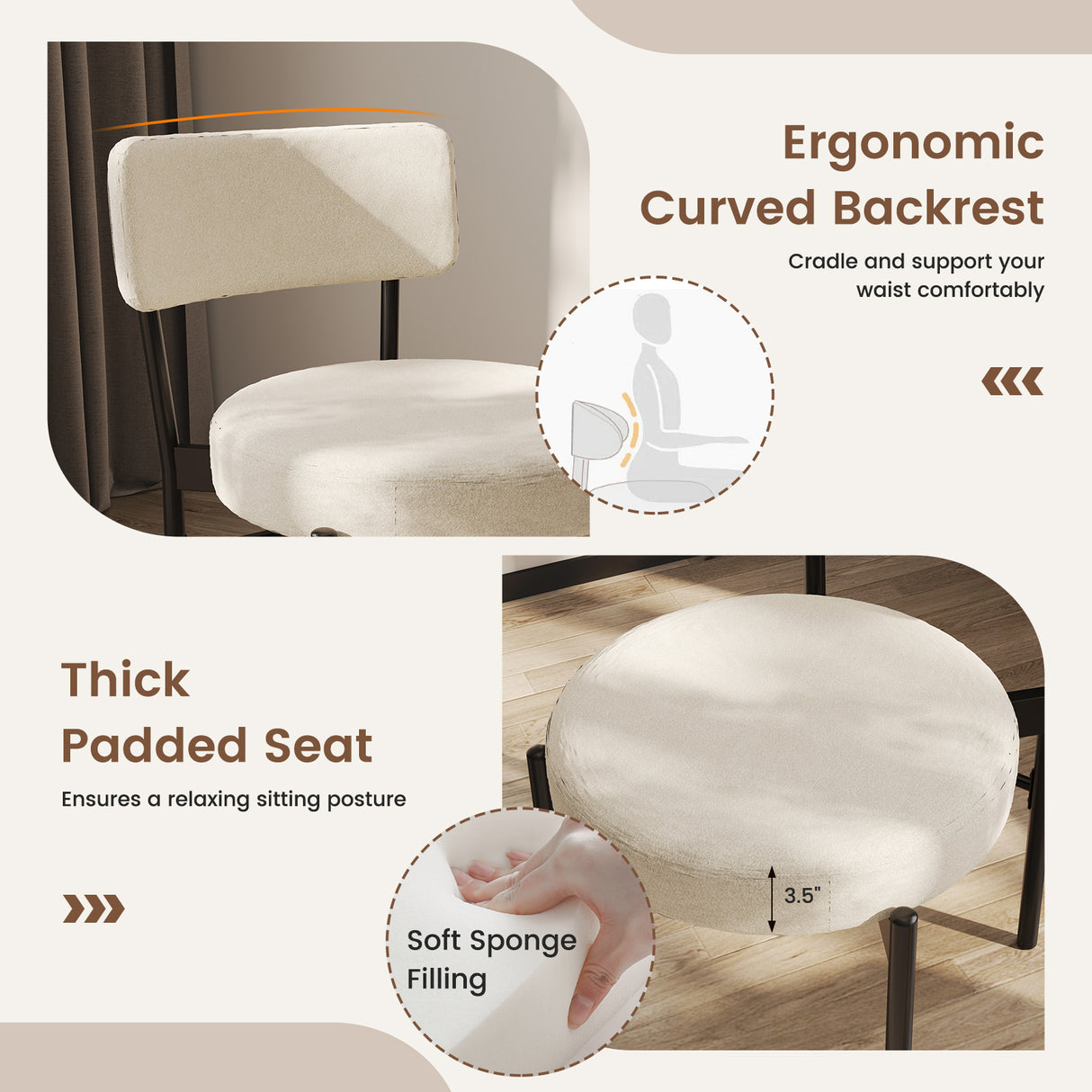 Dining Chair Set of 2 with Curved Backrest and Padded Seat