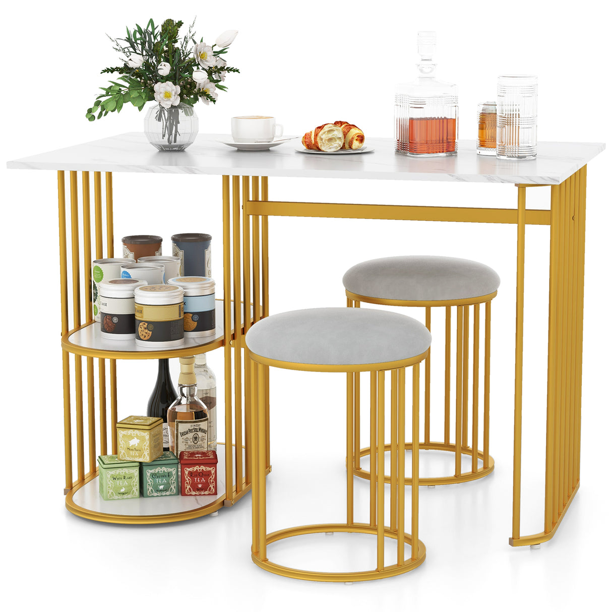 Rectangular Dining Table for 2 with 2-tier Storage Shelf for Small Space Dining Room-White