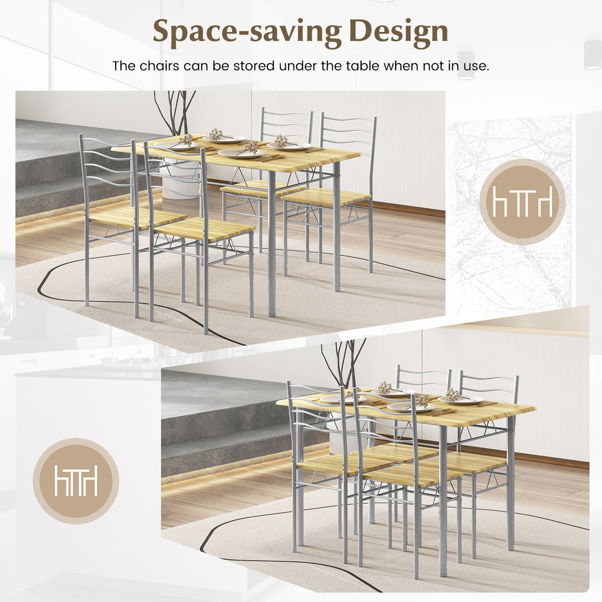5 Pieces Wood Metal Dining Table Set with 4 Chairs