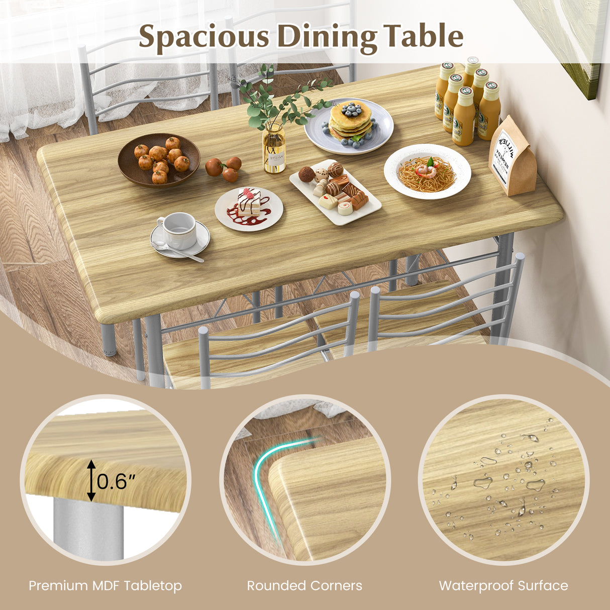5 Pieces Wood Metal Dining Table Set with 4 Chairs