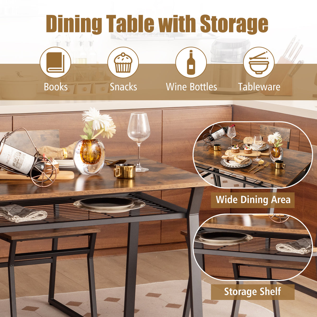 5 Piece Dining Table Set with Storage Rack and Metal Frame