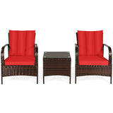 3 Pcs Patio Conversation Rattan Furniture Set with Glass Top Coffee Table and Cushions