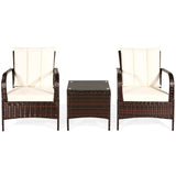 3 Pcs Patio Conversation Rattan Furniture Set with Glass Top Coffee Table and Cushions