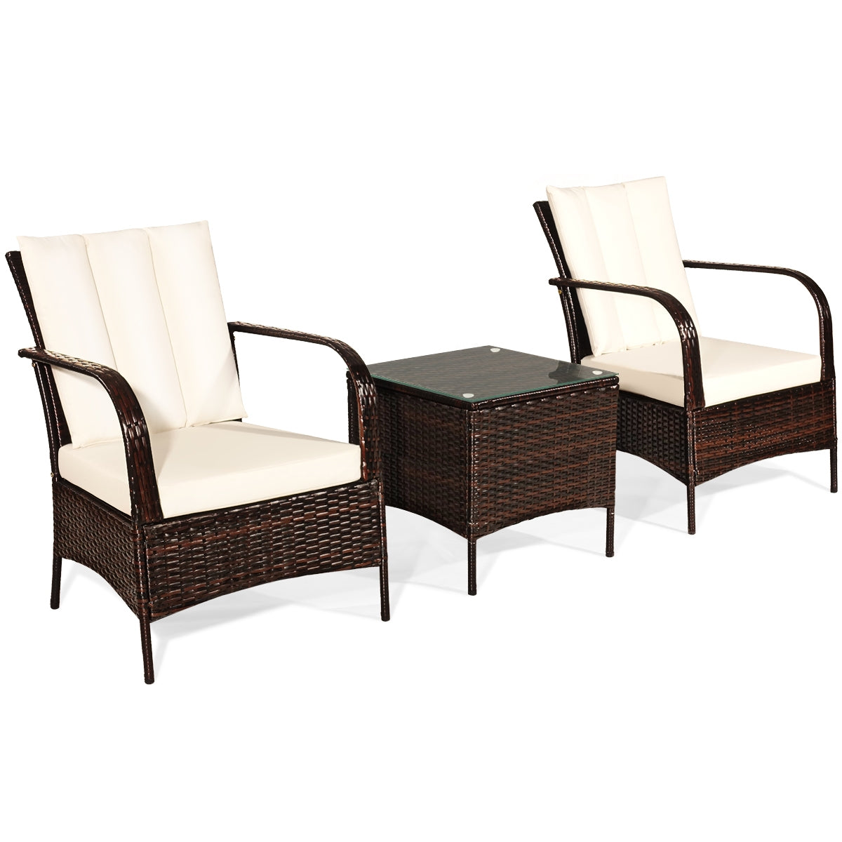 3 Pcs Patio Conversation Rattan Furniture Set with Glass Top Coffee Table and Cushions