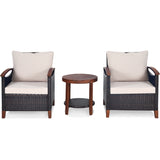3 Pieces Patio Rattan Furniture Set with Washable Cushion and Acacia Wood Tabletop