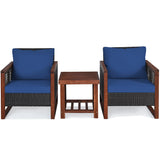 3 Pieces Patio Wicker Furniture Set with Washable Cushion and Acacia Wood Coffee Table