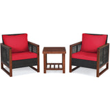 3 Pieces Patio Wicker Furniture Set with Washable Cushion and Acacia Wood Coffee Table