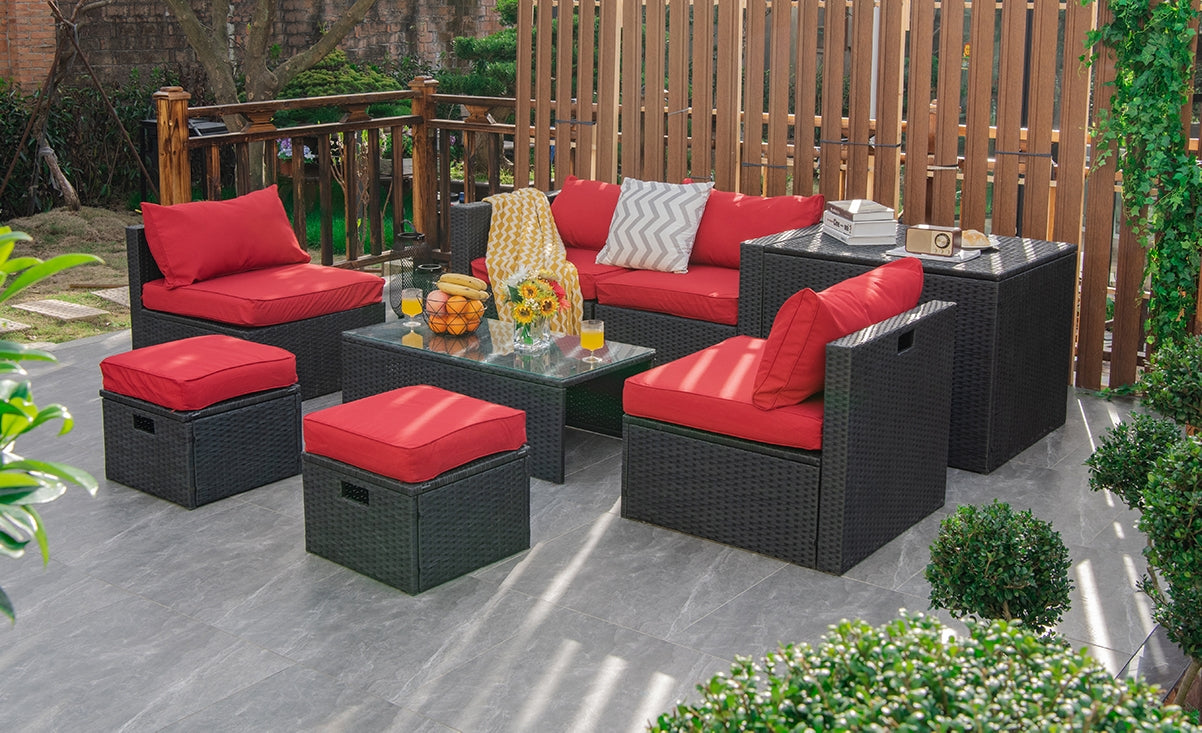 8 Pieces Patio Rattan Storage Table Furniture Set