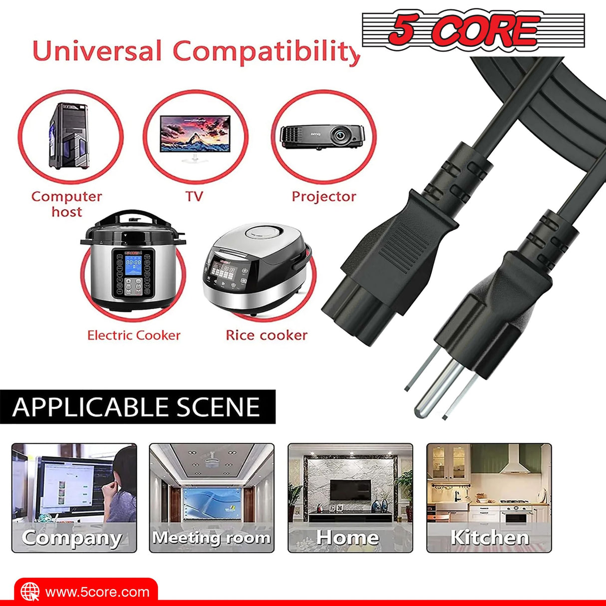 12ft 3 Prong Non-Polarized AC Wall Power Cable Cord for HP Dell Samsung Sony Asus Acer Toshiba Laptop Charger LED LCD Monitor Replacement Power Cord PL 1002