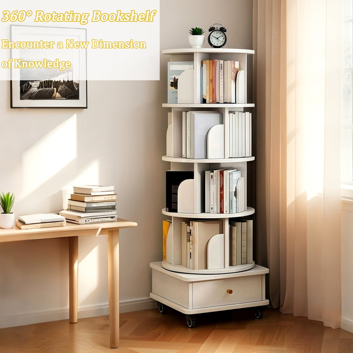 5 Tier Rotating Bookshelf with Wheels and Drawer, 360° Spinning Design, Space Saving Storage, for Home and Office, White MDF