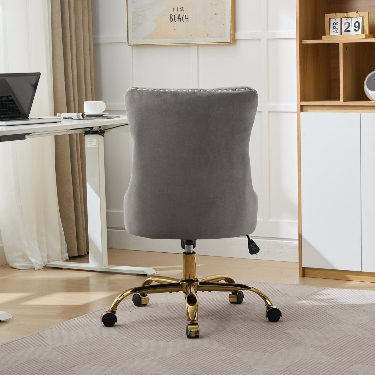 A&A Furniture Office Chair,Modern Velvet Upholstered Tufted Button Home Office Chair with Golden Metal Base,Adjustable Desk Chair Swivel Office Chair (Gray)