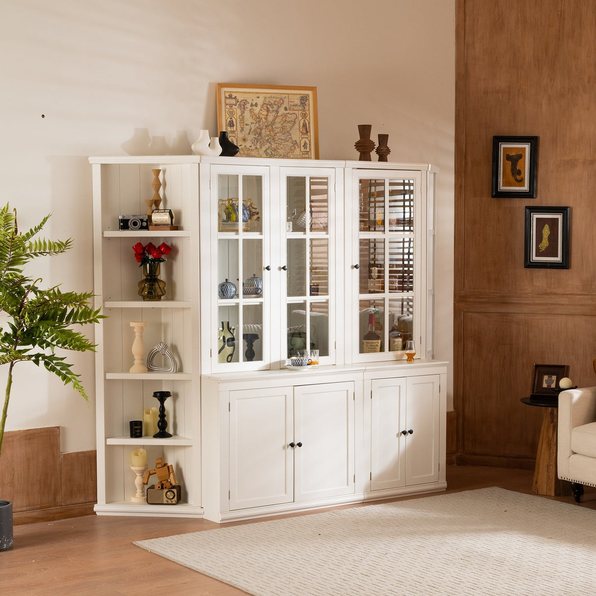 Retro Style Wall Suit with Glass Doors, 75.25'' Tall Display Cabinets & Triangle Sided Bookshelves, White