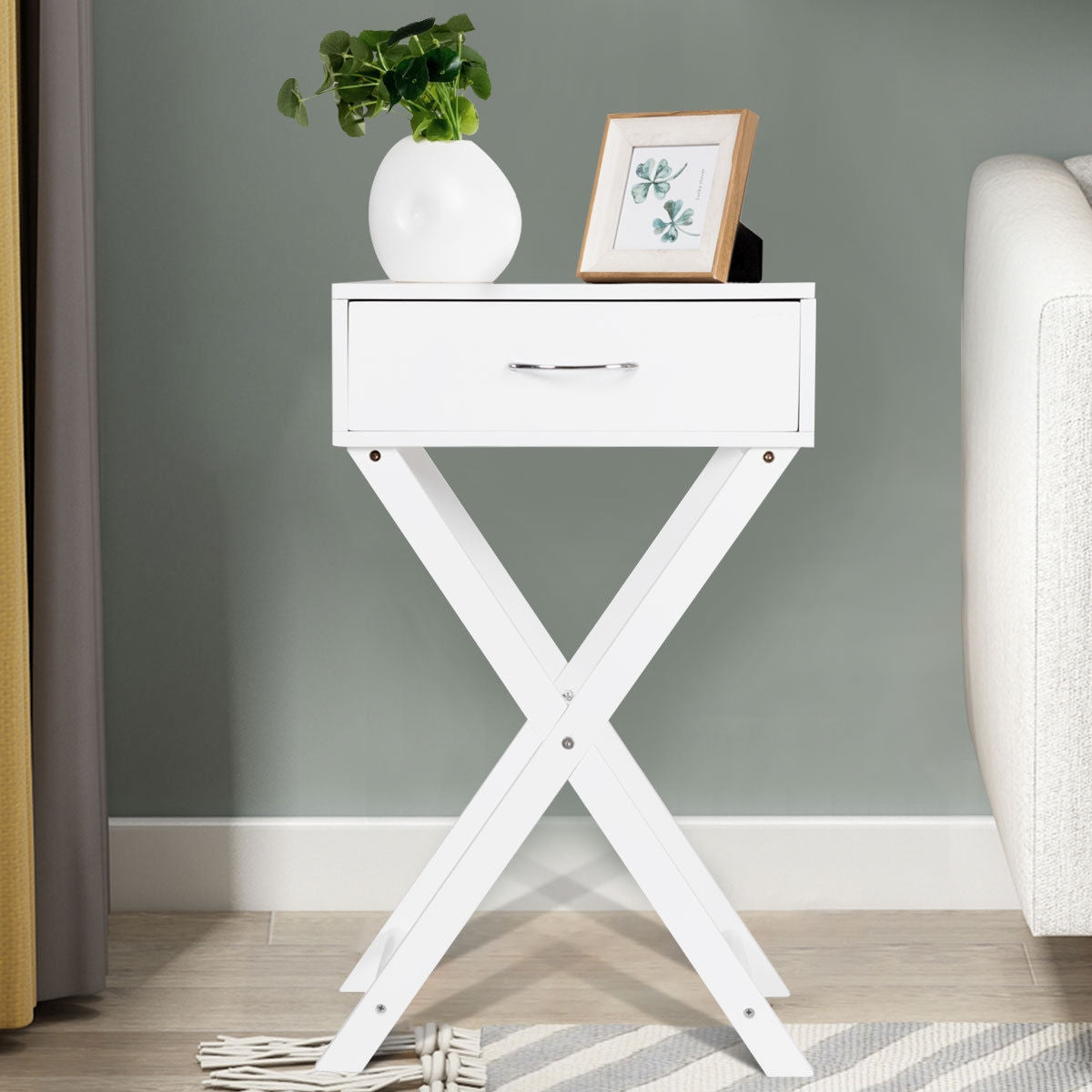 Design Sofa Side Table with X-Shape Drawer for Living Room Bedroom