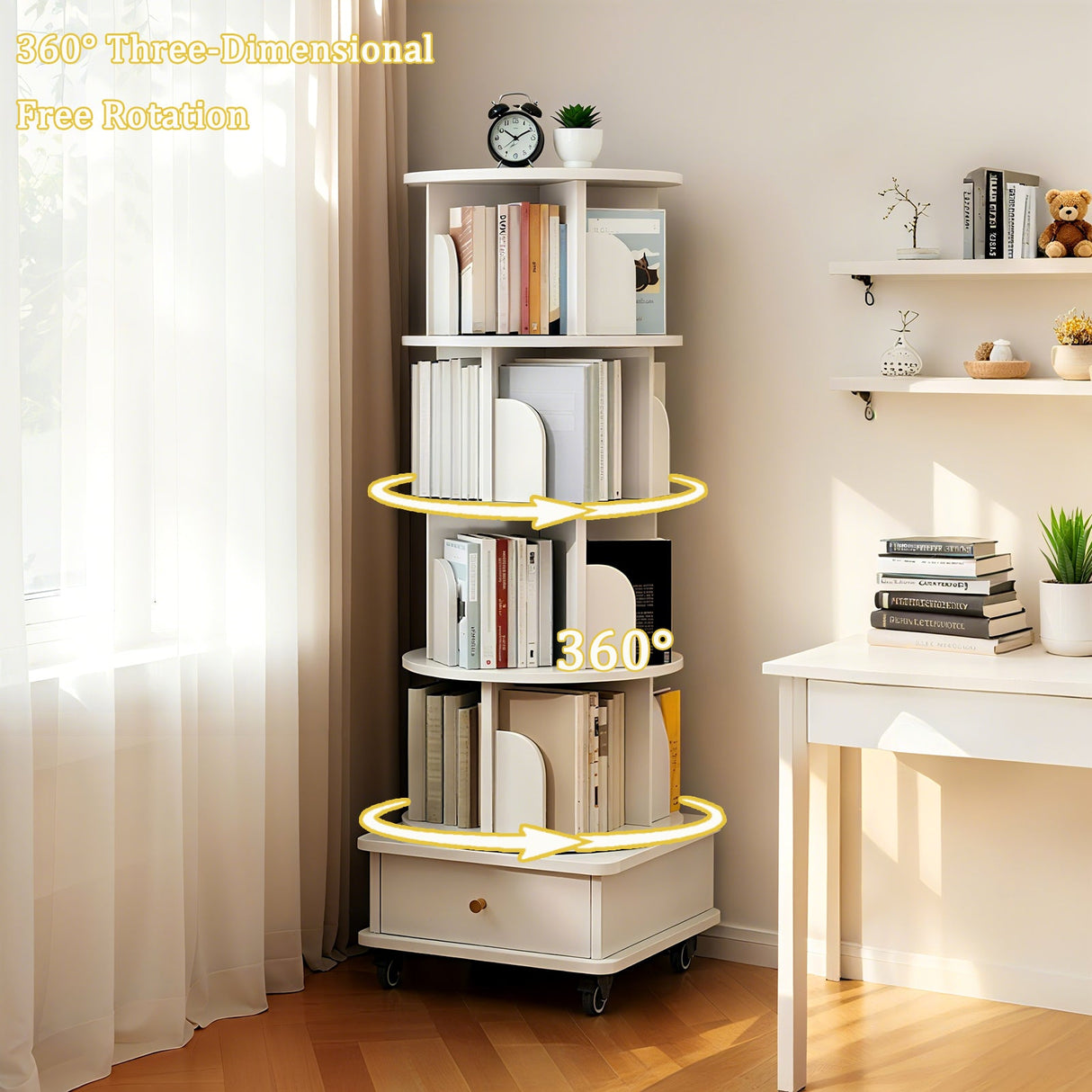 5 Tier Rotating Bookshelf with Wheels and Drawer, 360° Spinning Design, Space Saving Storage, for Home and Office, White MDF